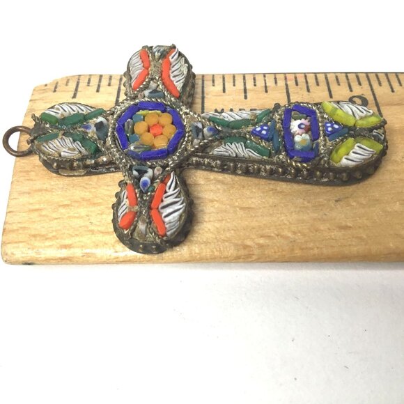 Vintage Micromosaic Cross Pendant Italy Style Millefiori Mosaic Floral Religious - Picture 3 of 5